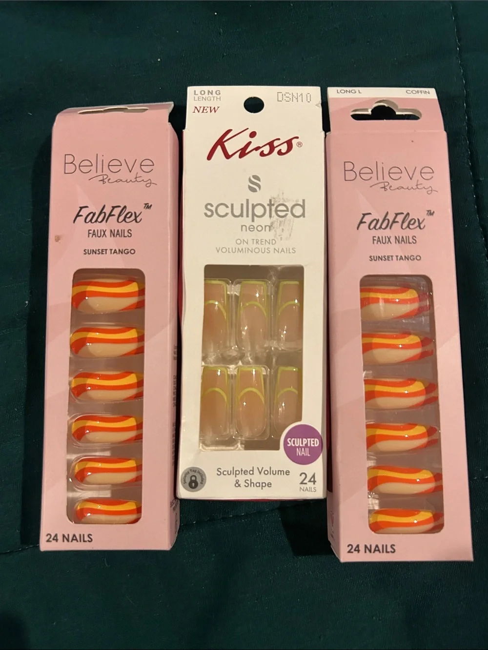 70s Retro Swirl & Neon Yellow Press On Nail Lot (3 Packs) + Maybelline mascara